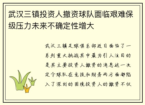 武汉三镇投资人撤资球队面临艰难保级压力未来不确定性增大 武汉三镇投资人撤资球队面临艰难保级压力未来不确定性增大