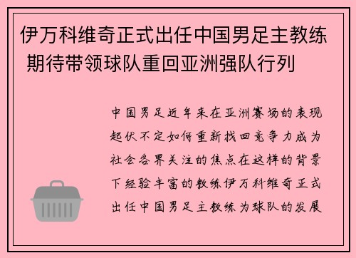 伊万科维奇正式出任中国男足主教练 期待带领球队重回亚洲强队行列