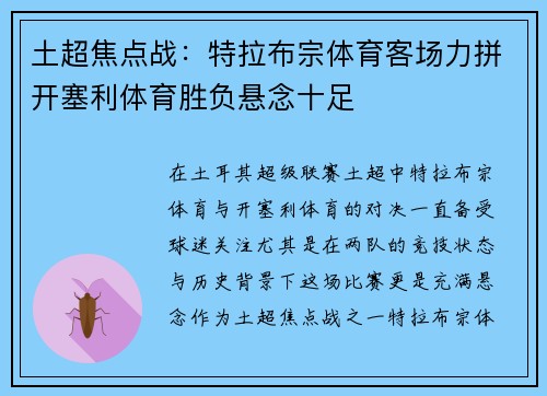 土超焦点战:特拉布宗体育客场力拼开塞利体育胜负悬念十足 土超焦点战:特拉布宗体育客场力拼开塞利体育胜负悬念十足
